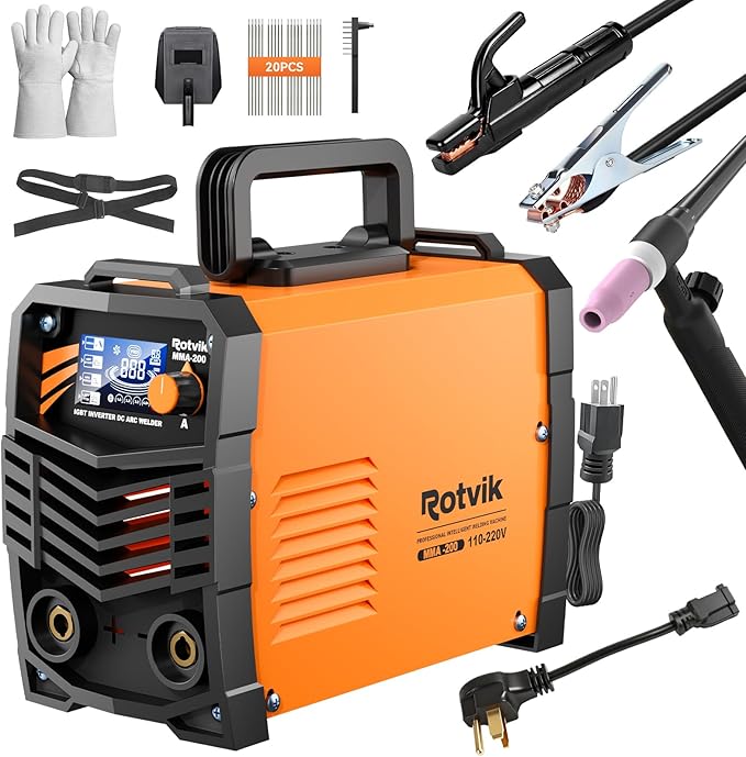 200Amp Stick Welder-Large LED Display, 110V/220V Dual Voltage Portable MMA Welder Machine with Hot Start, Arc force and Anti-Stick, Lift TIG Torch & 220V Adapter, 20PCS Rods Stick Welder