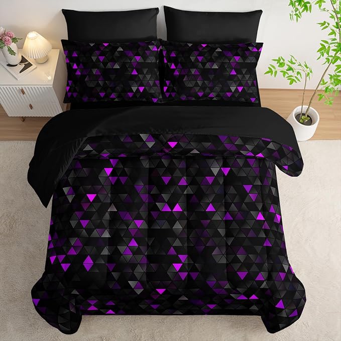 Nttopship Geometric Violet Black Triangle Full Size Comforter Set,Light Honeycomb Bedding Set 7 Piece in A Bag,Bed Sheet Set Geometry Decor,Microfiber Lightweight All Season