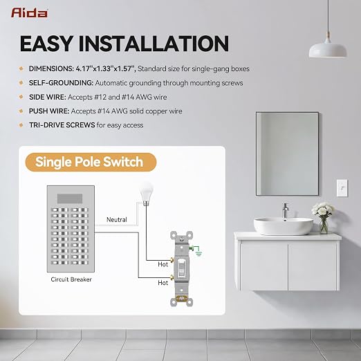 AIDA Single Pole Toggle Light Switch, 15 Amp, 120 Volt, Toggle Framed AC Quiet Switch, in Wall On/Off Switch Replacement, Self-Grounding, Residential and Commercial Grade, UL,Glossy White