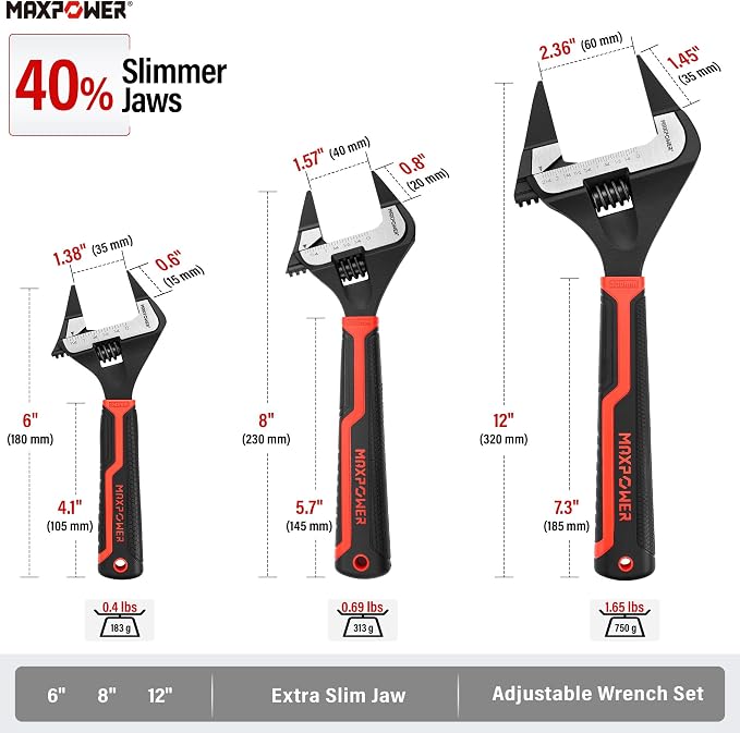 MAXPOWER 6 8 12-inch Slim Jaw Adjustable Wrench Set | 40% Thinner Jaw Wrench Designed for Plumbing and Tight Spot Applications