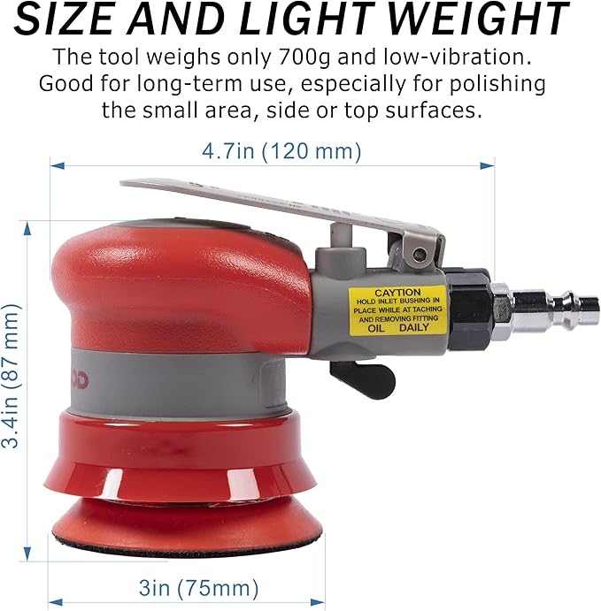 Pneumatic random orbital sander 3-inch light weight palm sander 3/32" (2.5 mm) diameter orbit 12000 RPM with extra backing pad and 12pcs sandpaper