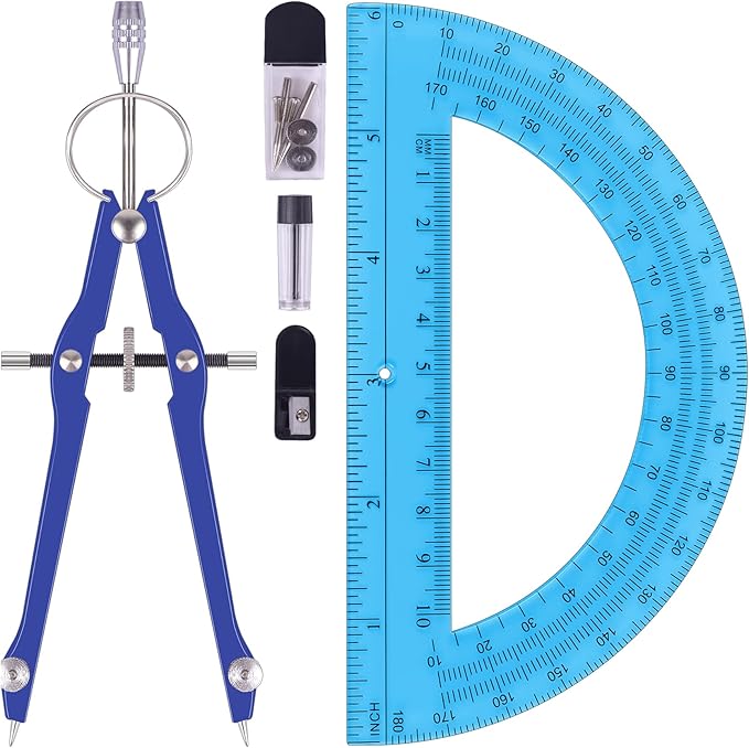 Unjoo Compass and Protractor Set, Professional Drawing Compass Tool, Metal Compass with Extra Refills, Compass for Geometry and 6 Inch Math Protractors 180 Degree (Navy Blue)