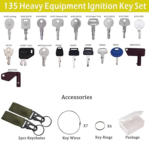 135PCS All-Inclusive Heavy Equipment Keys Master Set, Full Coverage Keys for JCB Bobcat JLG Terex Cat Komatsu John Deere Yammar Takeuchi Ford New Holland Case Daewoo Kubota Hyster Construction Machine