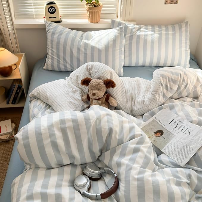 Sedefen Striped Duvet Cover Queen Size, 3 Pieces Grey White Stripe Bedding Set Kids Boys Girls, Retro Geometry Stripes Patterned Soft Microfiber Duvet Cover Set