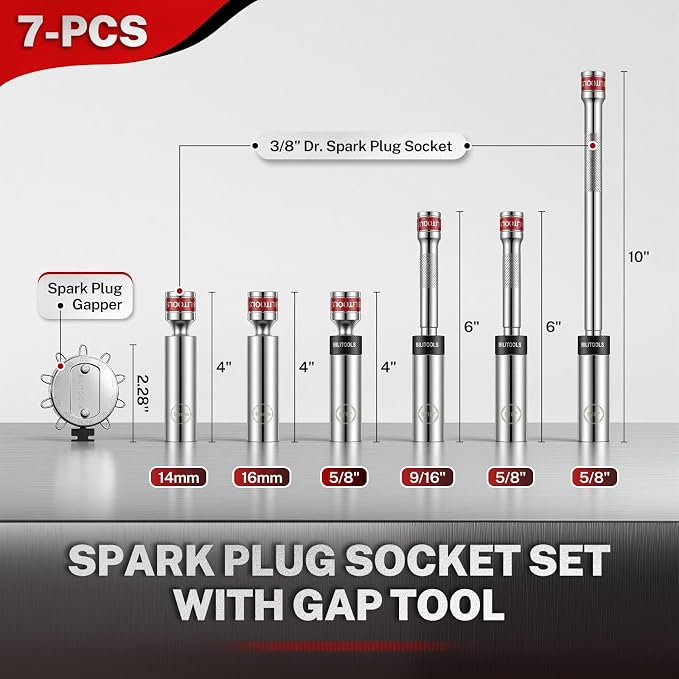 BILITOOLS 7pcs Magnetic Swivel Spark Plug Socket Set & Gap Tool, 3/8" Drive | 9/16,5/8,14,16mm Magnetic Swivel Sockets in 6 & 12-Point, Plus Gap Tool & Case — CR-V Steel, Rust-Resistant