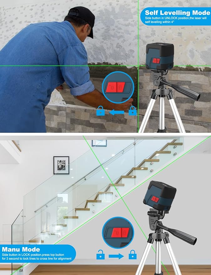 Laser Level, RockSeed Cross Line Laser with Self-Leveling, Vertical and Horizontal Line, Rotatable 360 Degree, Carrying Pouch, Battery Included (Green Laser, 2-Line with 27in Tripod)