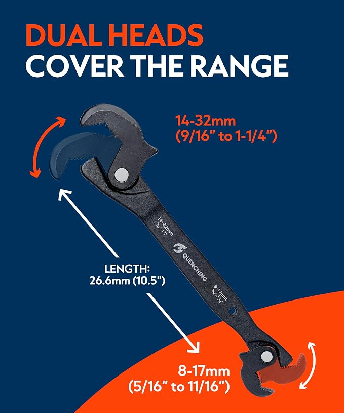 QUENCHING Self-Adjusting Crowfoot Wrench for Tight-Access Fasteners 8–32mm (5/16”–1-1/4”), Slim Profile, Not for Heavy Torque