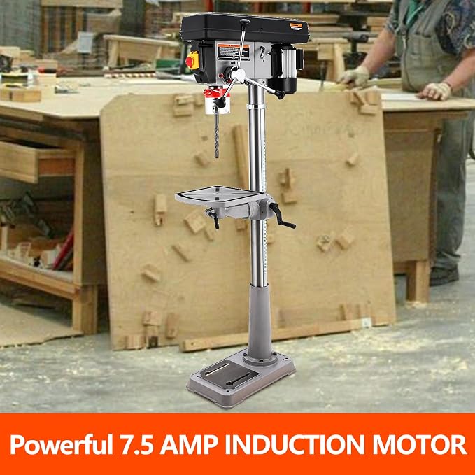 Garvee 15 in Floor Drill Press, 7.5 Amp 120V Pure Copper Motor, 288-3084 RPM Variable Speed Cast Iron Bench Drill Press, 0-45° Tilting Worktable, Tabletop Drilling Machine for Wood Metal