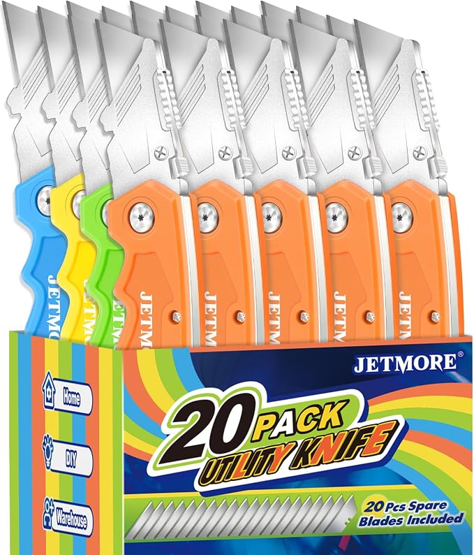 JETMORE 20 Pack Folding Utility Knife, Utility Knives with 20 Pcs Extra Blades, Paper Cutter, Folding Box Cutter Utility Knife Razor Blade Knife, Heavy Duty Box Cutter for Warehouse & Home Use