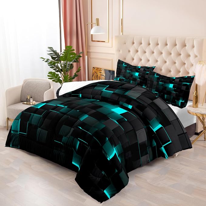 Geometric Turquoise Black Comforter Set,Light Honeycomb 3 Piece Bedding Set King Size for Teen Boys,Modern Quilt Set Geometry Decor,Microfiber Lightweight 1 Comforter 2 Pillowcases All Season