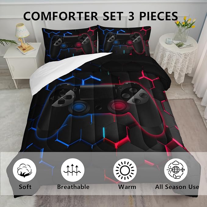 Axolotl Gamer Comforter Set King Size,Geometric Honeycomb Gaming Bedding,Video Games Comforter,3 Piece Game Console Print Bedding Set for Kids Boys Girls Teens,1 Duvet 2 Pillowcases,Blue Red
