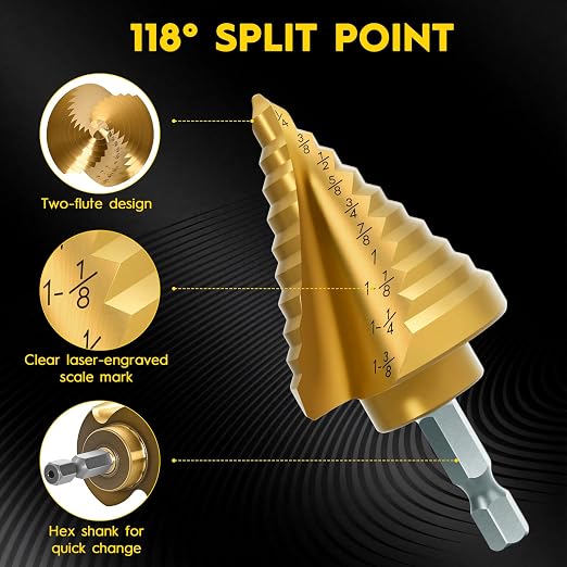 Titanium Step Drill Bit - 4241 HSS Step Bit with Two Spiral Grooved,1/4" to 1-3/8" Spiral Flute Step Bit for Metal, 10 Sizes HSS Step Drill Unibit for Metal, Aluminum, Wood & Plastic
