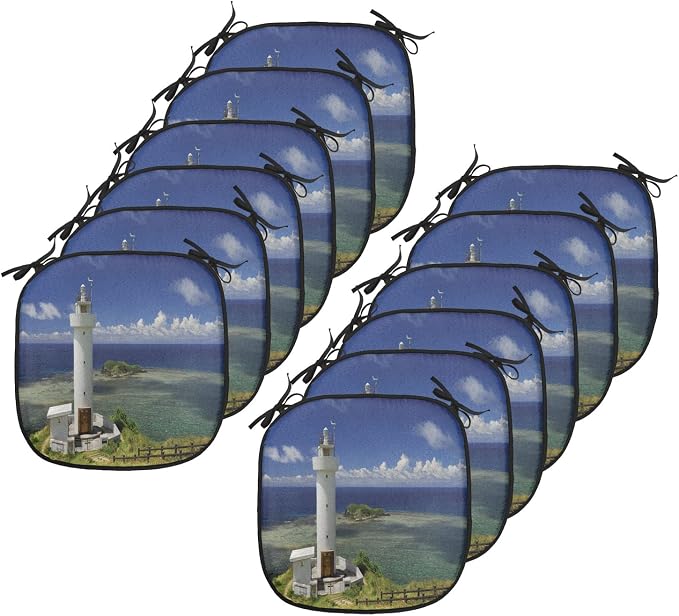 Lunarable Lighthouse Chair Cushion Pads Set 12, Hiracbosaki Lighthouse Seaside Greenery Clouds Travel Destinations, Anti-Slip Seat Padding for Kitchen & Patio, 16"x16", Navy Blue Green White