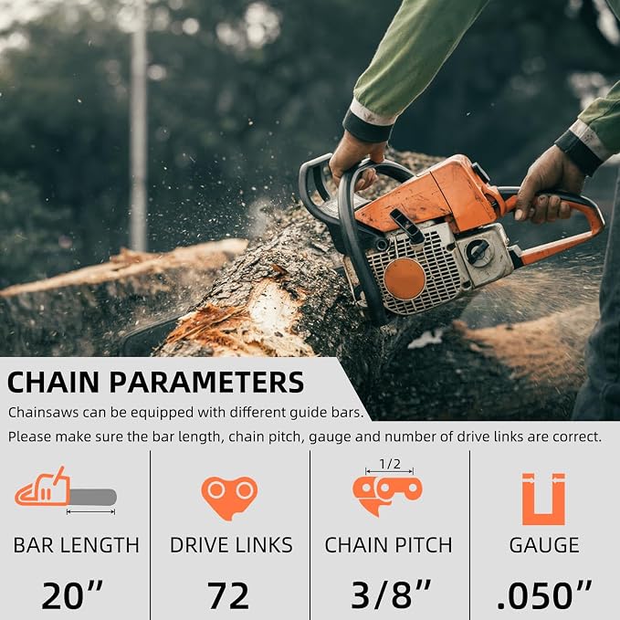 4 Pack 20 Inch Chainsaw Chain 3/8" Pitch .050" Gauge 72 Drive Links Fits Husqvarna 455 Rancher, 460 Rancher, Stihl MS391 MS311 33RS-72, Poulan PR5020 - E72 (4 Chains)