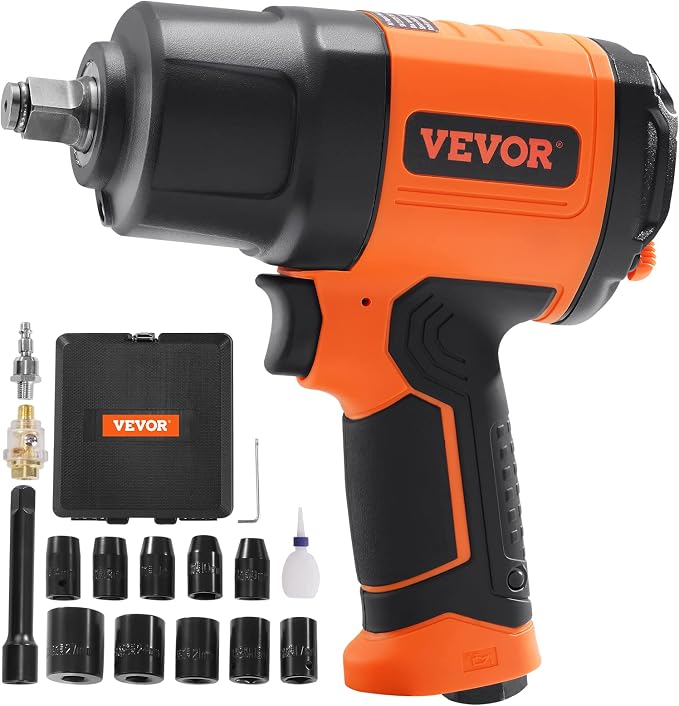 VEVOR 1/2-Inch Air Impact Wrench - High Torque 1400 ft-lbs - Lightweight 4.6 lb - Includes 11-Piece CR-V Steel Impact Socket Set & Carrying Case | For Automotive Repair and Tire Removal, Lightweight 4.6 lbs, Includes 11-Piece CR-V Steel Impact Socket S...