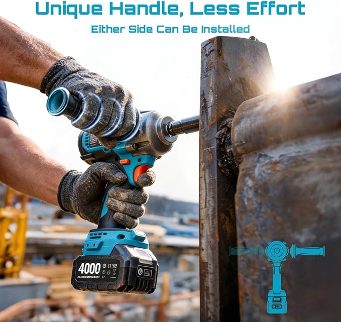 SEESII Upgraded Impact Wrench 1180 Ft-lbs (1600 N·m): 1/2" High-Torque Impact Gun with Detachable Side Handle, 21V Cordless Impact Driver 2x 4.0Ah Batteries for Car/Pickup Truck/Mower/Industrial Tasks