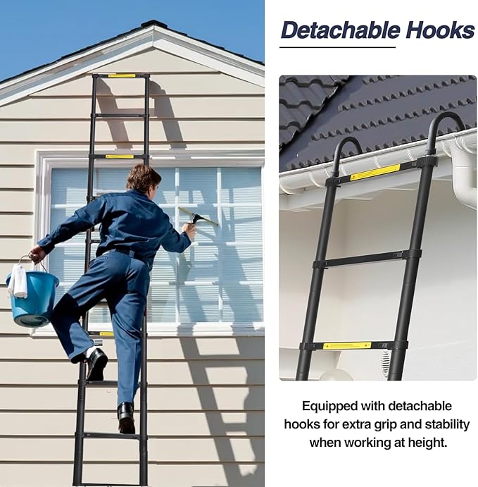 BOCOM 12.5 FT Aluminum Telescoping Ladder with Hooks, Lightweight Multi-Purpose Collapsible Extension with 2 Triangle Stabilizers, Heavy Duty 330 lbs Max Capacity for Home, RV, and Outdoor Work Black