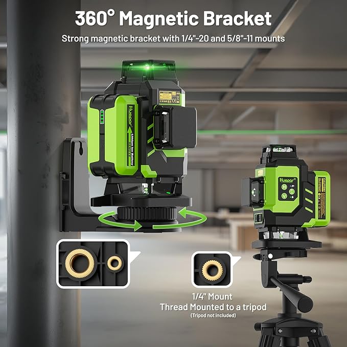 Huepar Laser Level 360 Self Leveling, Rechargeable Green Laser 4x360° Cross Line Lazer Leveler 4D Level Laser Tool for Construction with Two Li-ion Batteries, Magnetic Bracket &Hard Carry Case -LS04CG