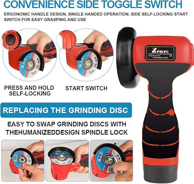 ZFULVO Cordless Brush Angle Grinder Kit, 19500rpm Mini Electric Angle Grinding Tool with 2pcs 16.8V 2000mAh Batteries and 6-Cutting Discs, Grinder Handheld Cutter for Metal Wood