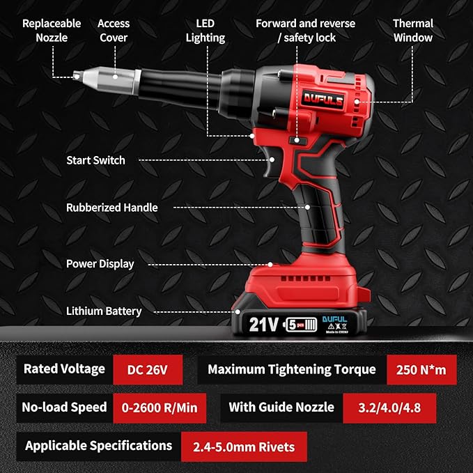 Cordless Rivet Gun, Electric Rivet Gun Kit with 2PCS Battery and Charger, Brushless Blind Riveter Tool Kit for 1/8", 5/32", 3/16" Rivets