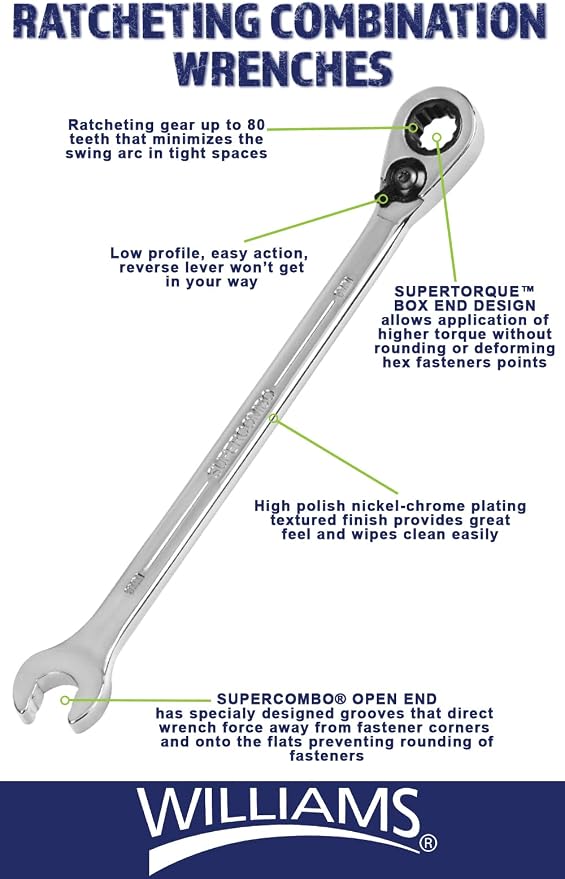 Williams MWS-4RC 4-Piece Metric Reversible Ratcheting Combination Wrench Set