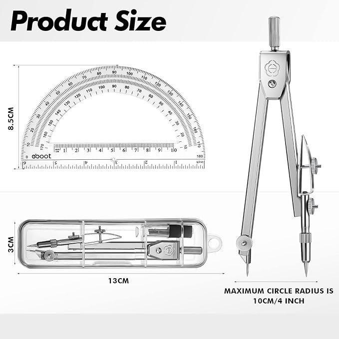 Zonon Student Protractor and Compass Set, Student Geometry Math Set, Compass for Geometry and 180 Degree 6 Inch Protractor for Drawing Measuring School Office(1 Pcs,Clear)