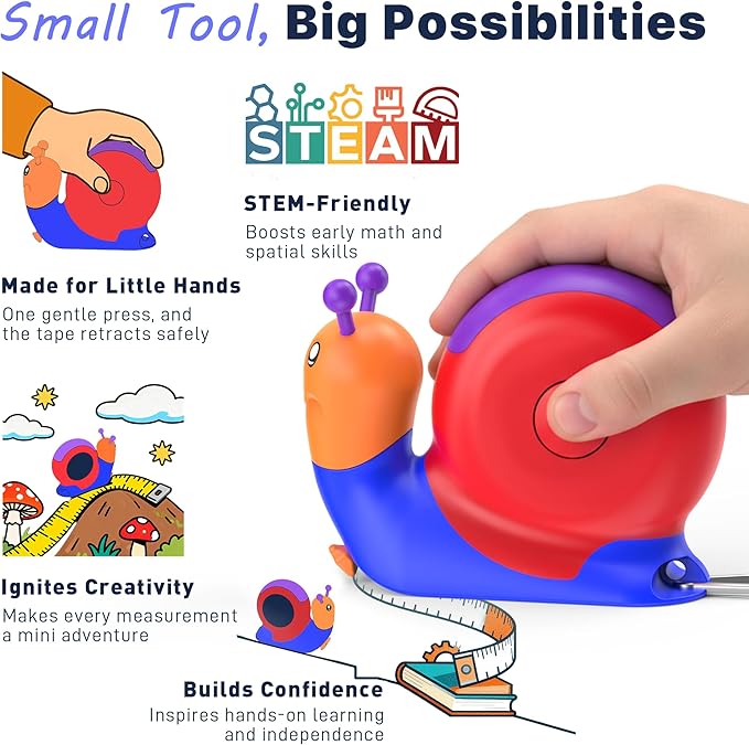 8ft Tape Measure for Kids, STEM Educational Tool with Level, Protractor and Eraser, Retractable Snail Shaped Measuring Tapes, Child-Safe Stocking Stuffers Gift for Boys & Girls 3+, Blue