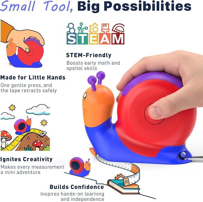8ft Tape Measure for Kids, STEM Educational Tool with Level, Protractor and Eraser, Retractable Snail Shaped Measuring Tapes, Child-Safe Stocking Stuffers Gift for Boys & Girls 3+, Blue