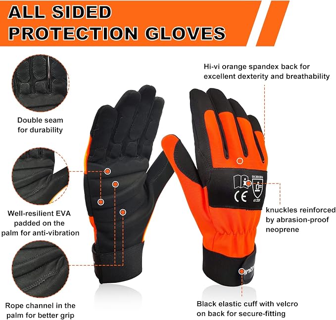 Chainsaw Gloves Saw Protection on Both Hands Back | Cut-Resistant Gloves EN ISO 11393-4, CLASS 1, EN 388: 4122X, CAT III, Module B & Module C2