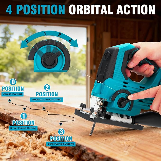 AwxryoX Cordless Jigsaw, 21V Power Electric Jig Saw with 2×6.0Ah Battery,4 Orbital Settings Jigsaw Saw Tool with 12 Blades ±45° Bevel Cuts,3000 RPM,Caladora Eléctrica for Straight/Curve/Circle Cutting
