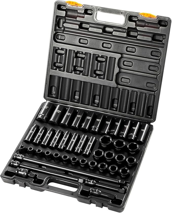 VEVOR Impact Socket Set, 1/2 Inches 43 Piece Impact Sockets, 1/2 Inches Drive Socket Set, High-torque Standard Socket Assortmen with 4 Extension Bars, 6-Point Sockets Metric 9-30mm (Standard/Deep)