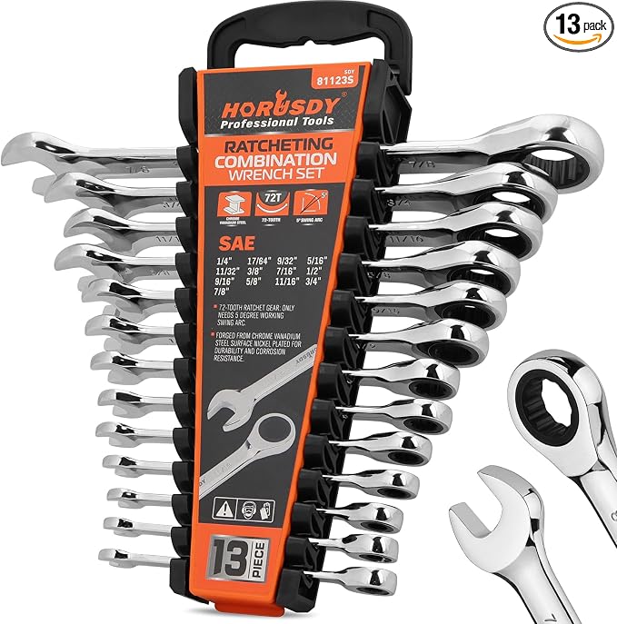 HORUSDY 13-Piece Sturdy Ratcheting Wrench Set | SAE 1/4''–7/8'' | Max Torque Ratchet Combination Wrenches Set with Storage Rack | 72-Tooth | Chrome Vanadium Steel