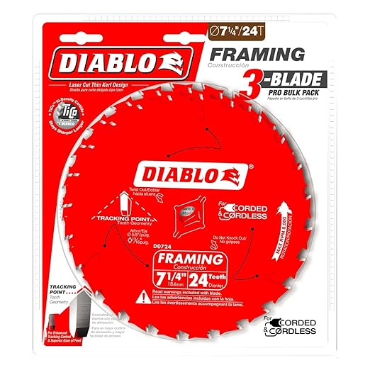 Diablo Framing Saw Blade for Wood - 7-1/4" Diameter, 24 ATB Teeth, 5/8" Arbor, .059" Kerf, 15° Hook Angle, .040" Plate, 8000 Max RPM, 3-Pack - D0724X3