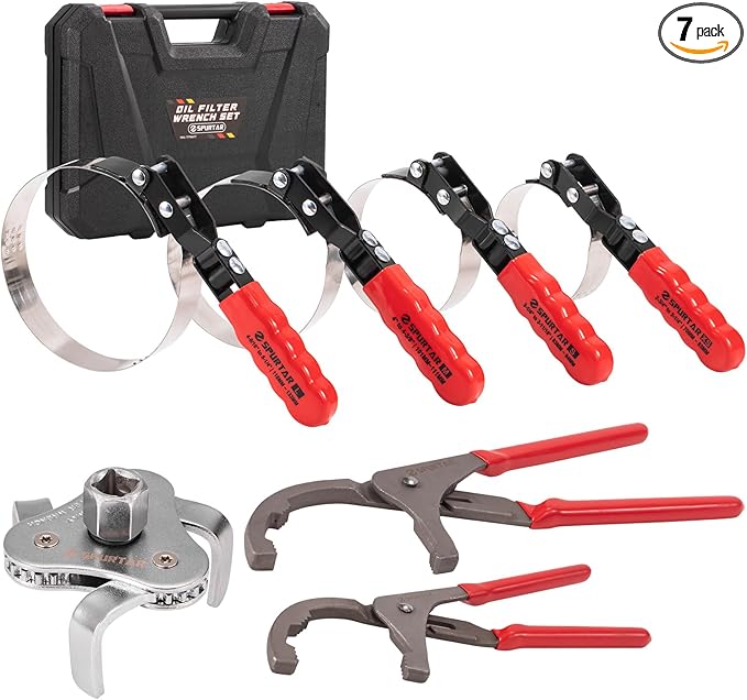Spurtar Swivel Oil Filter Wrench Set of 7, Adjustable Wrench 2-3/4" to 5-1/4" (70-133mm), 9" & 12" Universal Oil Filter Pliers, 3-Jaw Oil Filter Removal Tool for 4S Shop Auto Repair Mechanic DIY