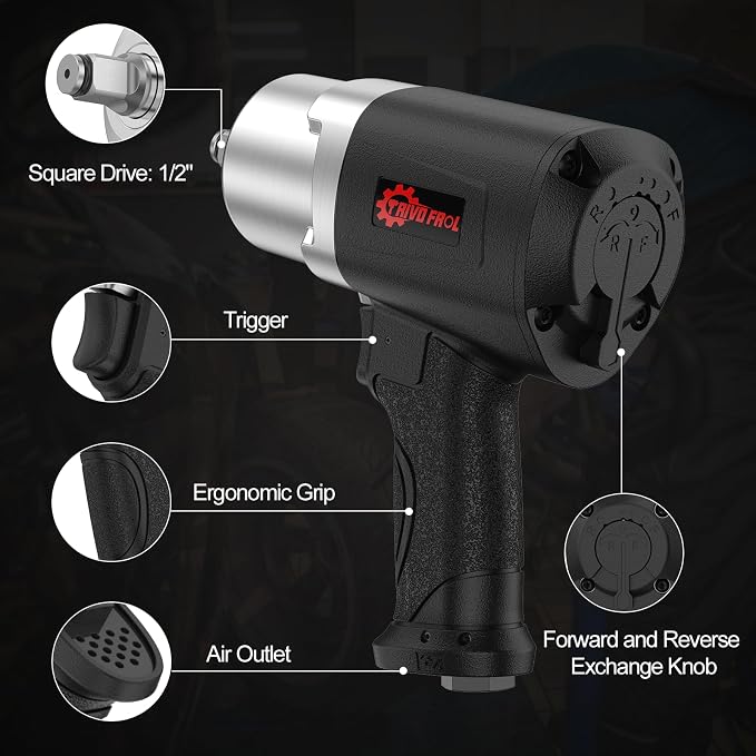 Trivd Frol Air Impact Wrench - 1/2 Inch Air Impact Gun | Max Torque 1500 Ft-lbs, 8000 RPM Speed, Weight 4.74 lb, 1/2" Impact Wrench Gun for Auto Repair, Tire Shop
