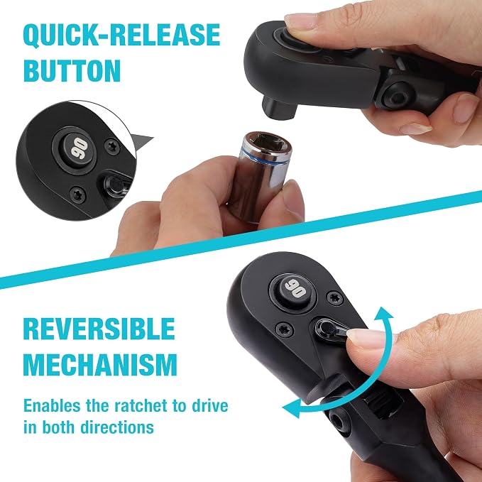 DURATECH 3/8-Inch Flex-Head Ratchet, 90-Tooth Quick-Release Ratchet Wrench | Socket Wrench with 180° Pivoting Head and 7-Position Setting, Reversible, CR-V Made, CR-MO Head, Black Mn Phosphate Finish