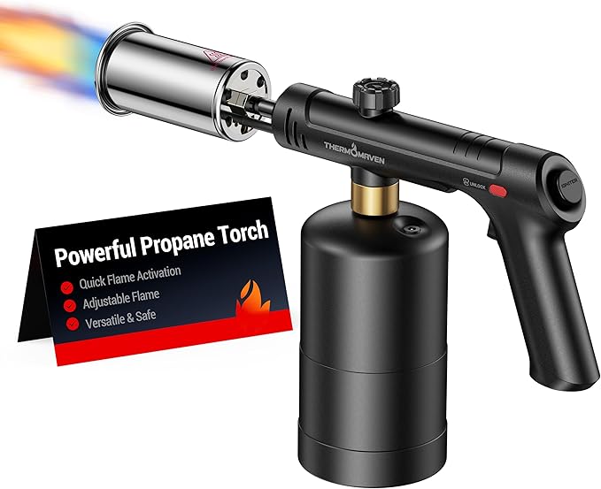 ThermoMaven Propane Torch with One-Touch Max Fire, Cooking Blow Torch Gun with Safety Lock, Charcoal Lighter, Flame Thrower, Gas Welding Kit Kitchen Food Torch Head for Grill, Sous Vide, BBQ, Black