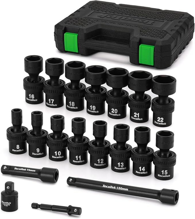 TecoTek 19 PCS 3/8" Drive Shallow Universal Impact Socket Set, Swivel Socket Set, 8-22mm, Metric Socket Set with Flexible Wobble, Cr-Mo Steel, Includes Extension Bars and Adapter