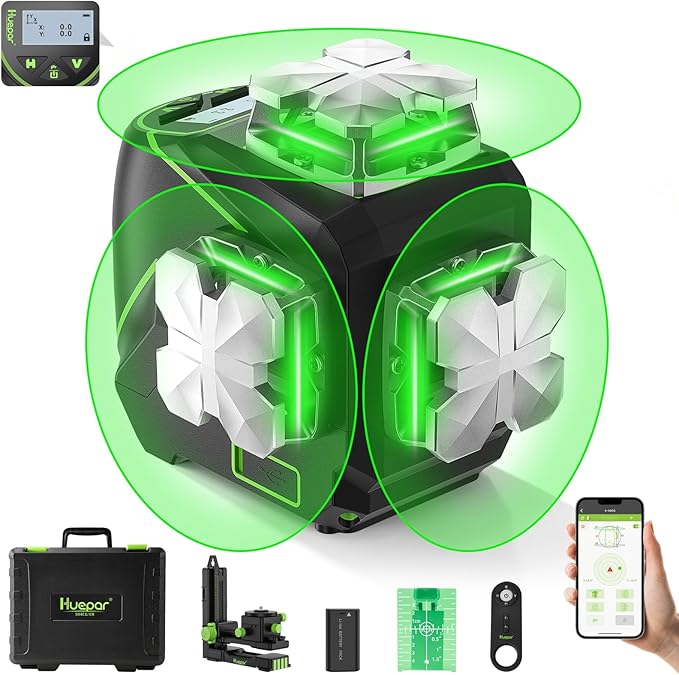 Huepar Laser Level 360 Self Leveling, 3x360° Green 3D Cross Line Laser with LCD Screen, Bluetooth Outdoor Pulse Mode Laser Tool for Construction -Remote Control, Li-ion Battery or 4 AA Batteries-S03CG