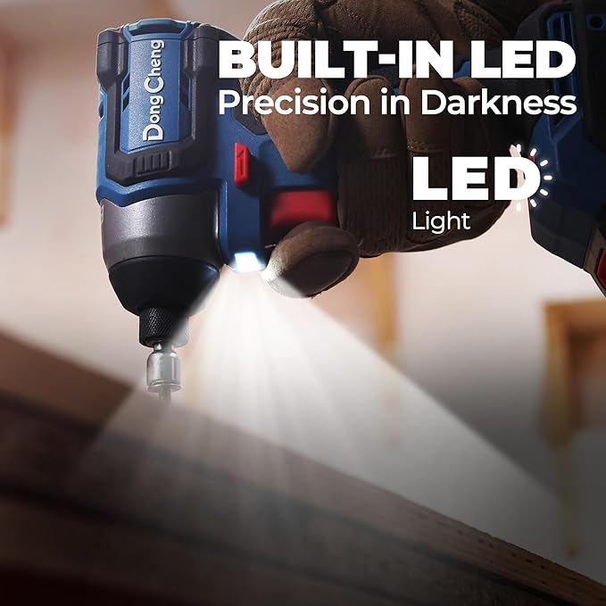 Dong Cheng 20V 1/4" Brushless Impact Driver, 1460 in-lbs Cordless Impact Driver, 2x 2.0Ah Batteries, 3-Speed, 4.9" Compact Impact Driver for Cabinetry, Deck Building & HVAC Installation