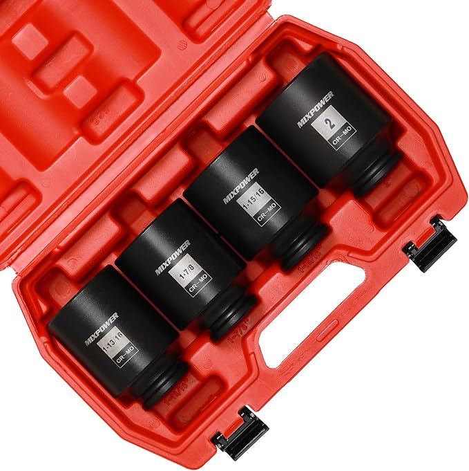 MIXPOWER 1/2-Inch Drive Deep Impact Socket Set, Inch, Cr-Mo, 6 Point, 1-13/16",1-7/8", 1-15/16", 2", 4-Pieces 1/2" Dr. Spindle Axle Nut Impact Socket Set, Impact Grade
