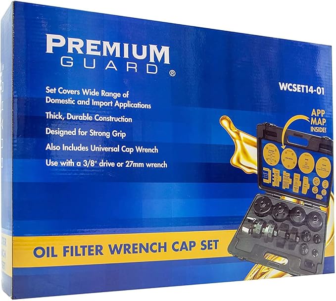 Premium Guard 14-Piece Cartridge Oil Filter Wrench Cap Set with Exclusive 25 Nm Preset Torque Bit for SAE and Metric – 3/8 inch Drive
