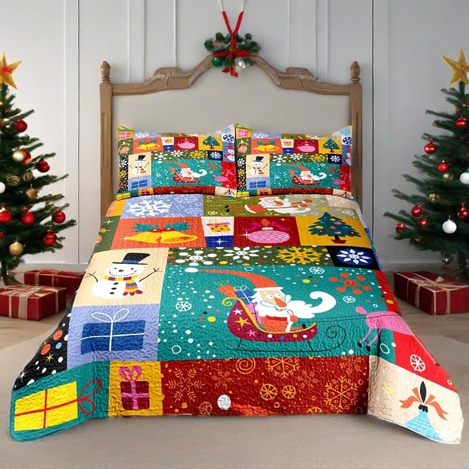 Merry Christmas Patchwork Green Quilt Set Queen - Santa Claus Gift Snowman Checkered Printed Holiday Bedding Set - Soft Microfiber Lightweight Comforter Coverlet Bedspread(Gift, Queen(90"x90"))