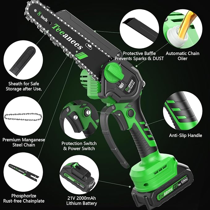 Mini Chainsaw Cordless with 2 Batteries & 8 Chains, Dual Guide Bars (8" & 6"), 1000W Electric Battery Powered Chain Saw for Tree Trimming, Wood Cutting, Garden Gift (Green)