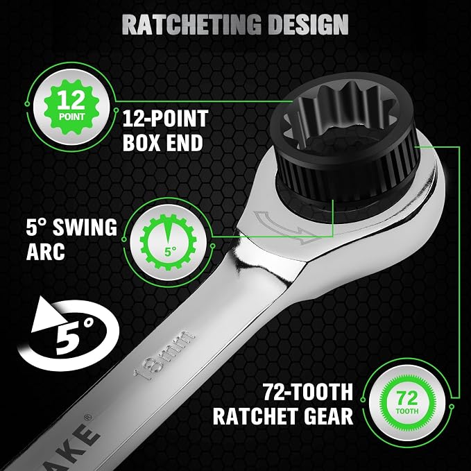 12-Piece Ratchet Wrench Set, Metric 6-18mm Ratchet Combination Wrenches Set, 12-Point 72-Tooth Ratcheting Spanners with Magnetic Base Organizer, Chrome Vanadium Steel for Automotive Mechanic Tool