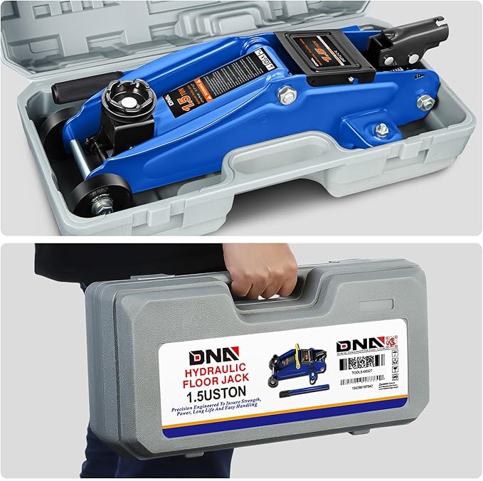 DNA Motoring 1.5 Ton Car Floor Jack Low Profile Hydraulic Trolley Service/Floor Jack, 1.5T / 3000 lbs Capacity, Lifting Range 5.3 Inch -12 Inch, with Storage Case, Blue, TOOLS-00327