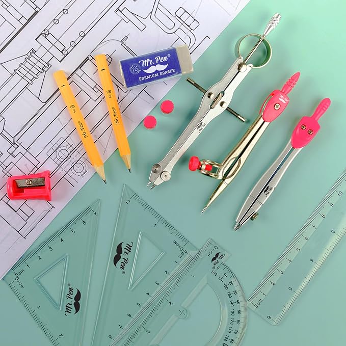 Mr. Pen- Geometry Set, 13 pcs, 3 Metal Compasses, Protractor, 6" Ruler, 45° & 30°/60° Set Squares, Pencils, Lead Refills, Sharpener & Eraser for Math, Drafting & Classroom Use