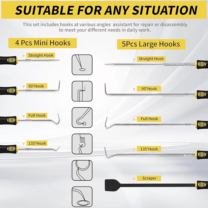 9PCS Hook and Pick Tool Set with Scraper- Automotive Pick Set with Metal Pick Tools & Ergonomic Grip, Mechanic Tool Set for Car Repair, O-Rings, Gaskets, and Tight Spaces