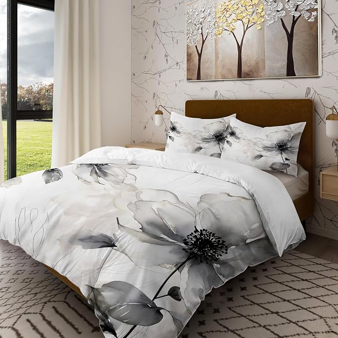 Batmerry Flowers Watercolor Queen Size 100% Cotton Duvet Cover Sets, Elegant Black White Flower Painting Bedding Set with Zipper Closure Corner Ties, 3 Pieces (1 Cover + 2 Pillowcases No Comforter)