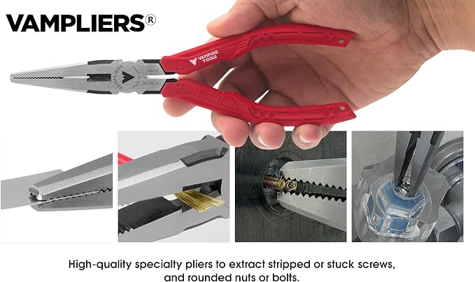 VAMPLIERS 2-PC Screw Extractor Pliers 7.5" Long Nose + 7" Slip Joint Pliers | Gift Box Set Made in Japan, Patented, High Carbon Steel, For Confined Spaces, Removes Damage Screws, Non-Slip Jaws, Gift Idea